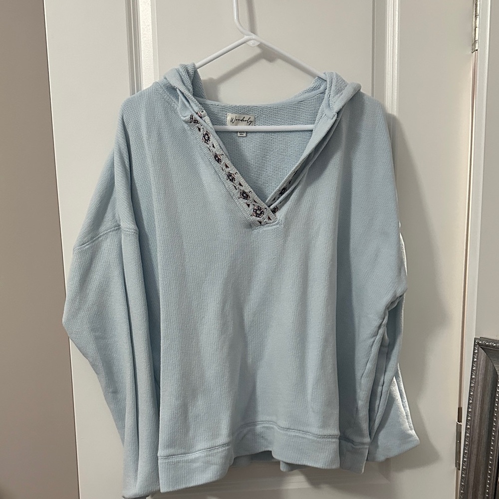Wonderly Sky Blue Hoodie with Patterned V-Neck